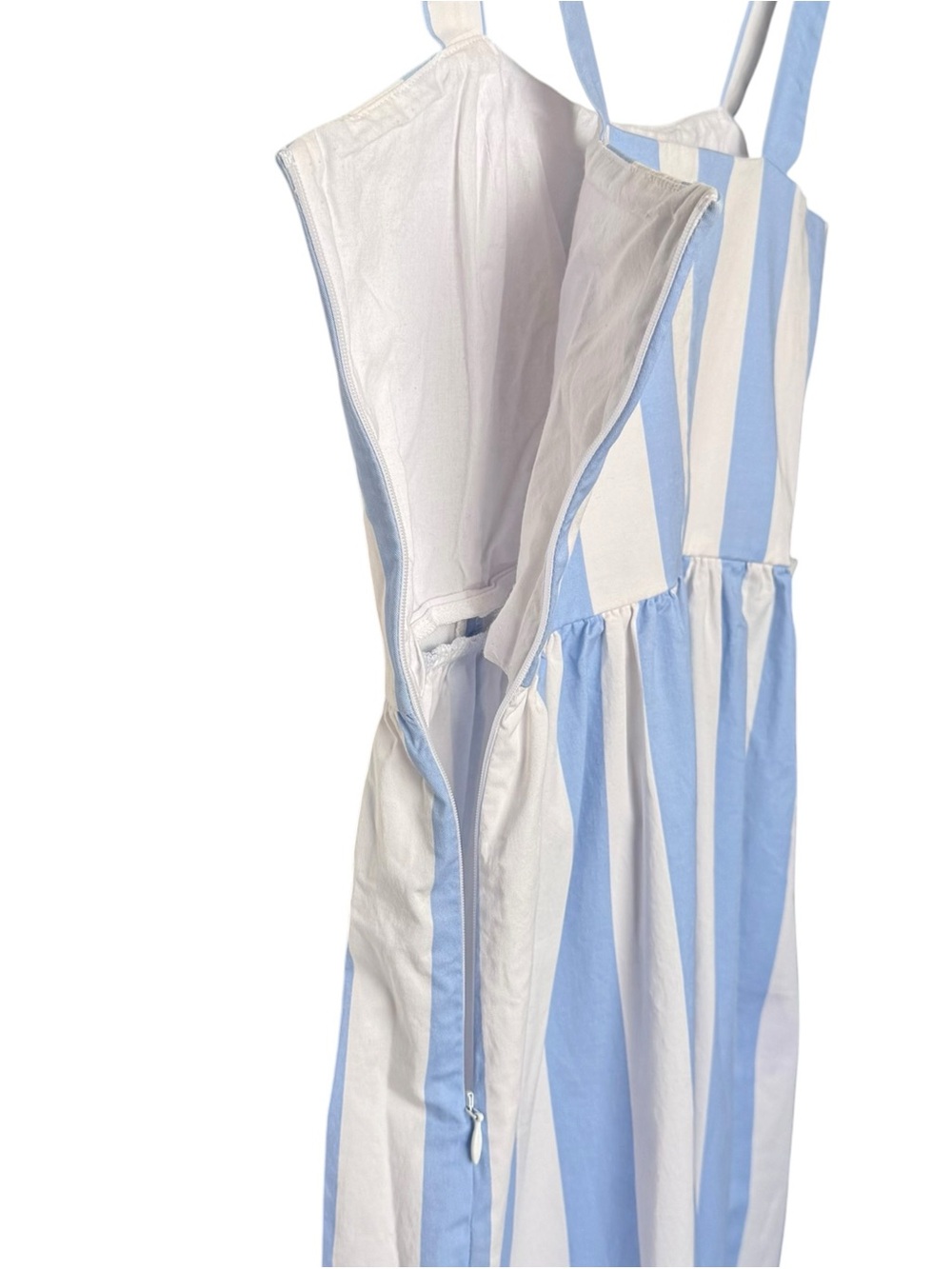 UTERQUE Pin Stripe Fit N Flare Midi Dress Size Small 26 Sleeveless Blue White - Picture 11 of 16